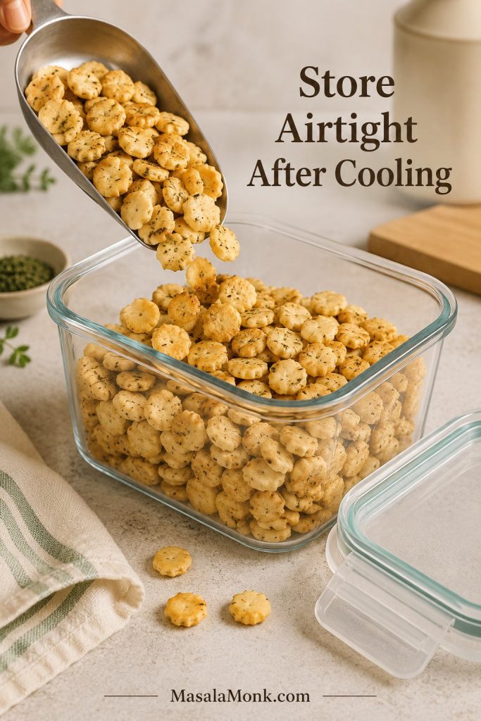 Ranch oyster crackers being poured into an open airtight glass container with the lid nearby.