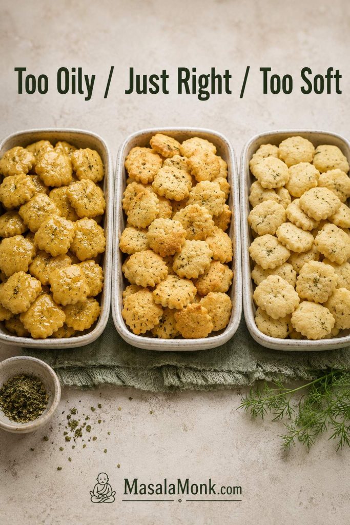 Three trays of ranch oyster crackers showing too oily, just right, and too soft textures.