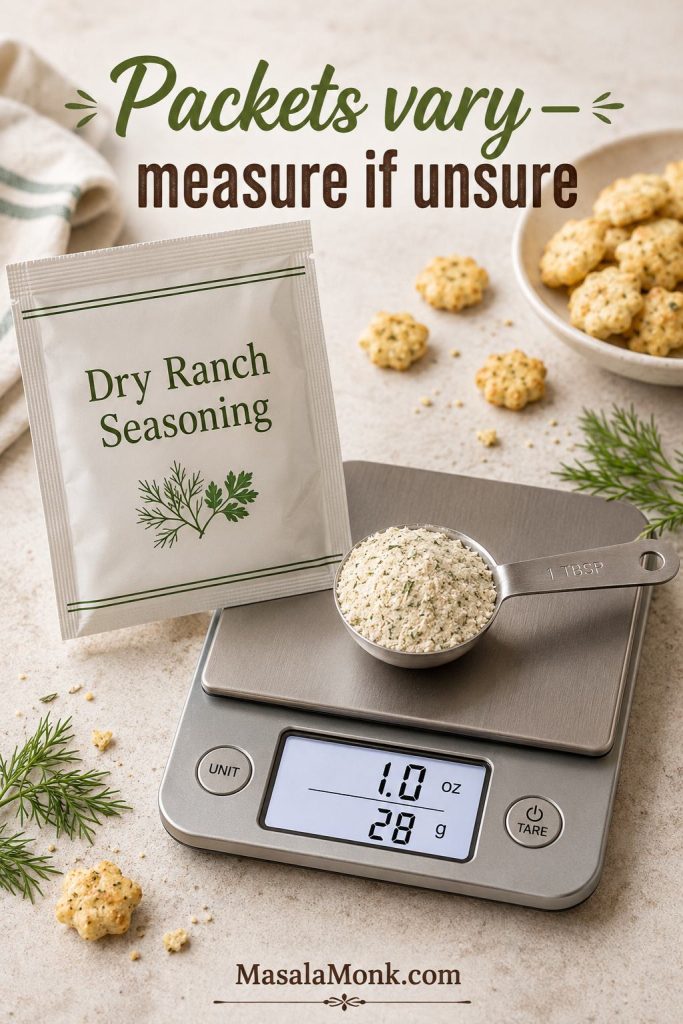 Dry ranch seasoning packet, tablespoon measure, kitchen scale, and oyster crackers for checking packet weight.