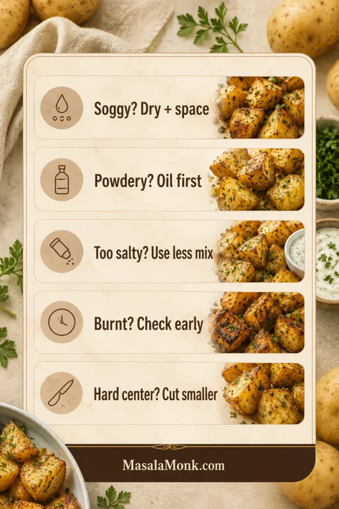 Troubleshooting guide for ranch potatoes with tips for soggy, powdery, salty, burnt, and hard-centered potatoes beside small roasted potato photos.