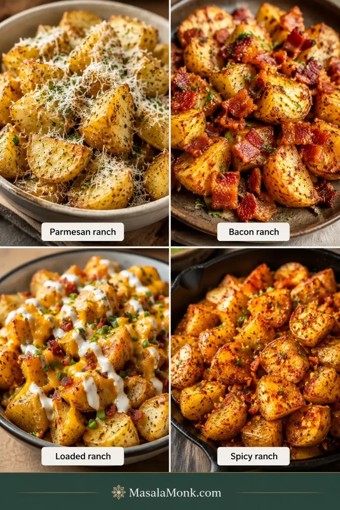 Four ranch potato variations showing parmesan ranch potatoes, bacon ranch potatoes, loaded ranch potatoes with cheese and drizzle, and spicy ranch potatoes.