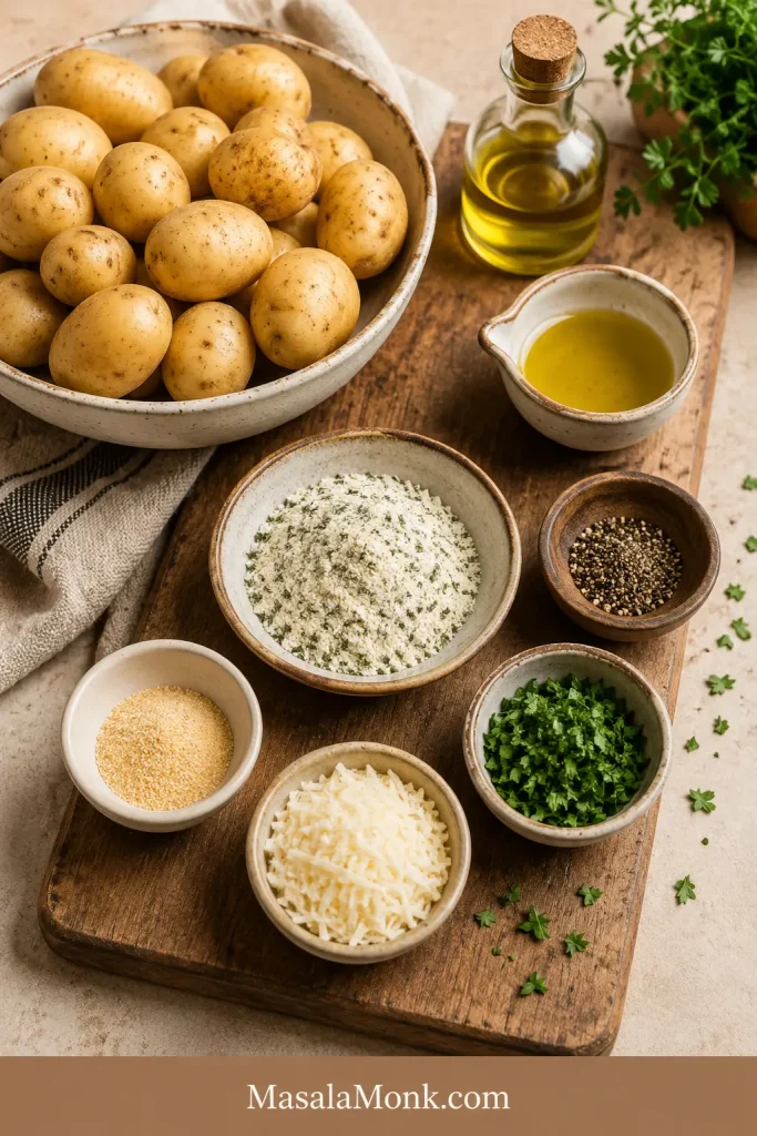 Ingredients for ranch roasted potatoes on a wooden board, including potatoes, dry ranch seasoning, oil, black pepper, garlic powder, parmesan, and chopped herbs.
