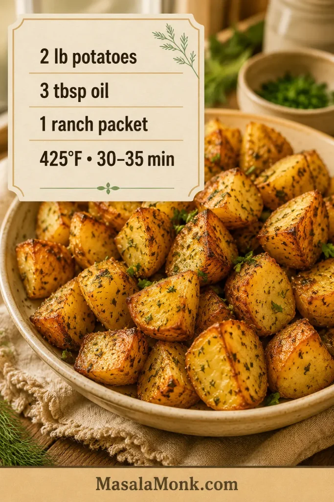 Recipe ratio card for ranch roasted potatoes showing 2 lb potatoes, 3 tbsp oil, 1 ranch packet, and 425°F for 30 to 35 minutes.