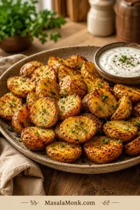 Crispy ranch roasted potatoes on a rustic platter with browned cut sides, chopped herbs, black pepper, and a small bowl of ranch dip.