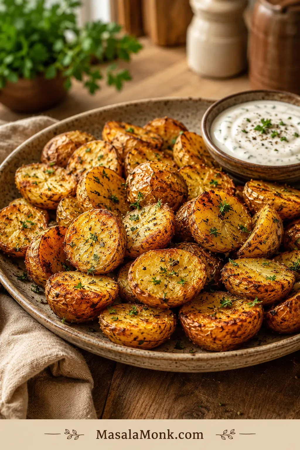 Crispy ranch roasted potatoes on a rustic platter with browned cut sides, chopped herbs, black pepper, and a small bowl of ranch dip.