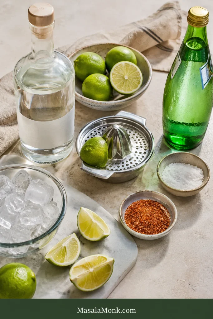 Ranch Water ingredients arranged on a light counter, including tequila, limes, sparkling mineral water, ice, salt, Tajín, and a citrus juicer.