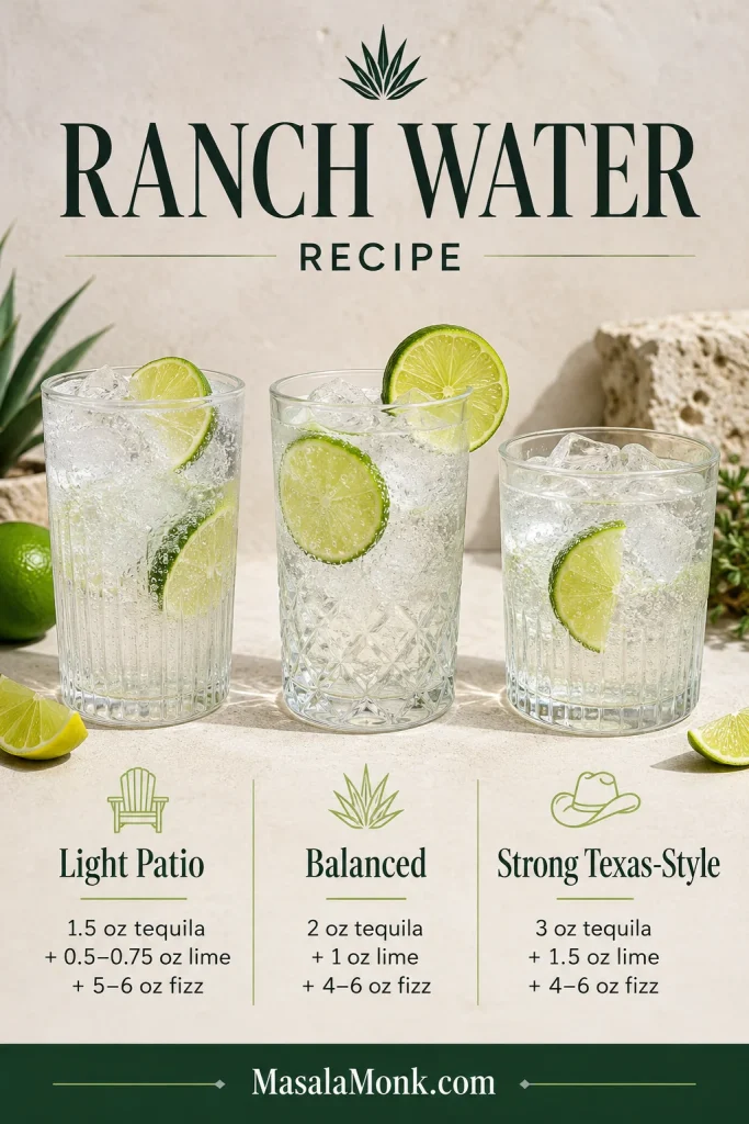 Three Ranch Water glasses labeled Light Patio, Balanced, and Strong Texas-Style with different tequila, lime, and fizz ratios.