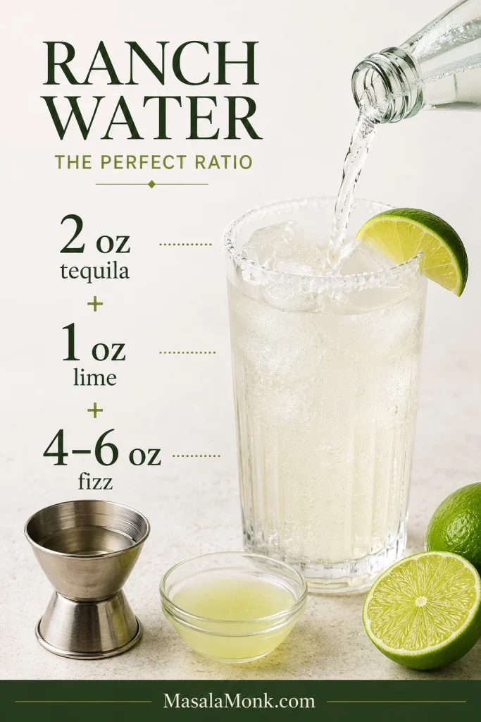 Ranch Water ratio guide showing 2 oz tequila, 1 oz lime juice, and 4 to 6 oz sparkling water beside a drink glass.