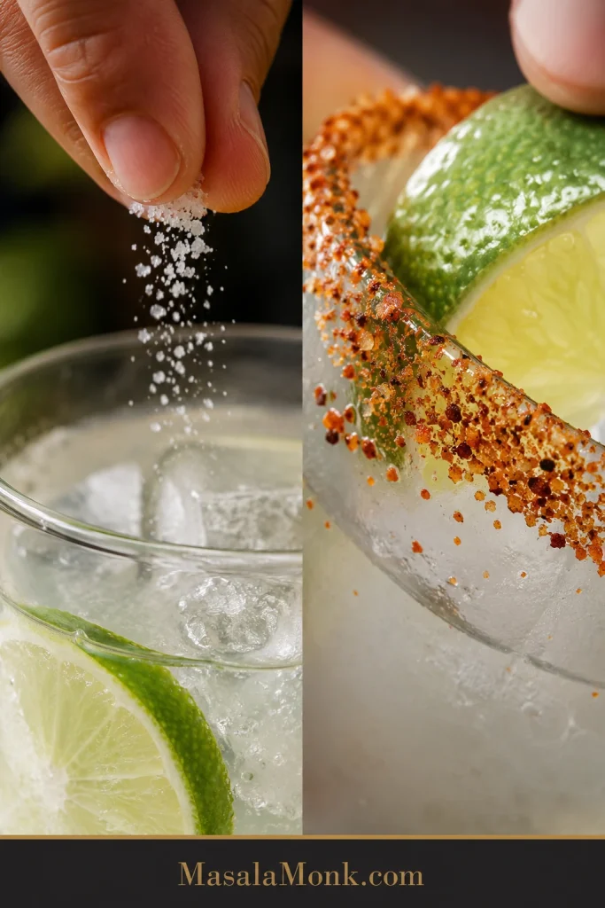 Split close-up of salt being added to a lime drink and a Tajín-rimmed Ranch Water glass with a lime wedge.