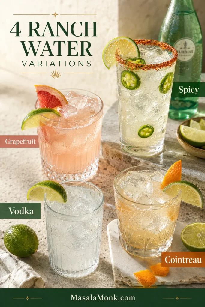 Four Ranch Water variations labeled Spicy, Grapefruit, Vodka, and Cointreau, with jalapeño, grapefruit, lime, orange, and ice garnishes.