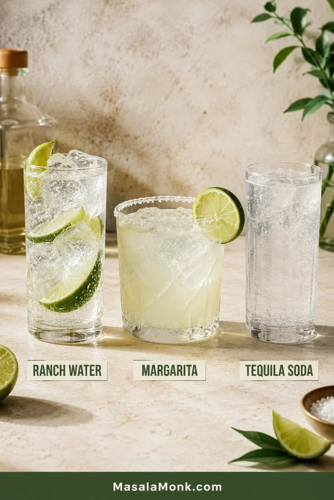 Three drinks labeled Ranch Water, Margarita, and Tequila Soda, showing a fizzy lime highball, salted-rim margarita, and clear soda drink.