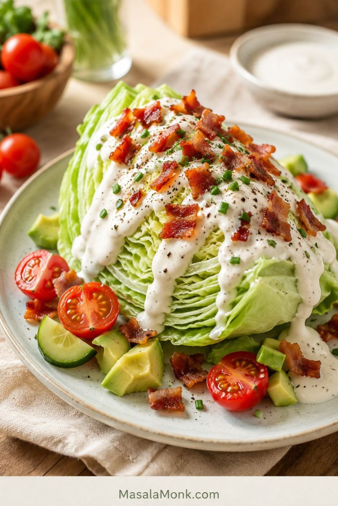 Iceberg wedge salad with ranch dressing, bacon, cherry tomatoes, cucumber, chives, avocado pieces, and black pepper on a light plate.