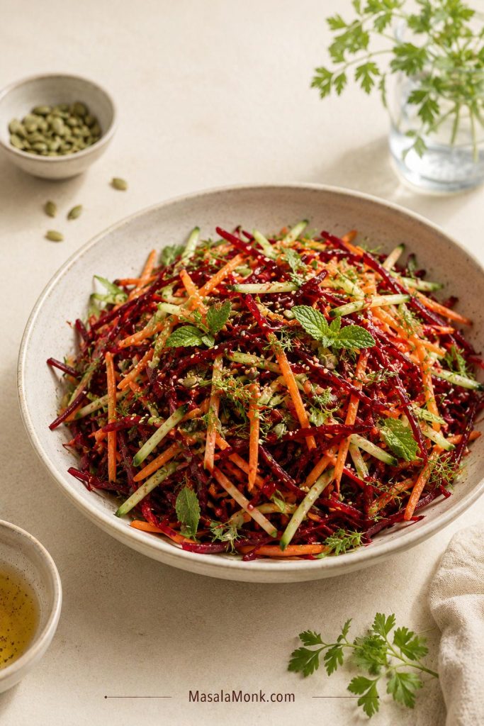 Raw beet salad with shredded beet, carrot, cucumber, herbs, seeds, and light dressing.