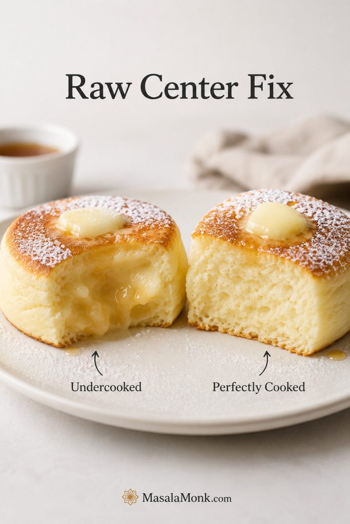 Cut Japanese pancakes showing an undercooked raw center beside a properly cooked airy center.
