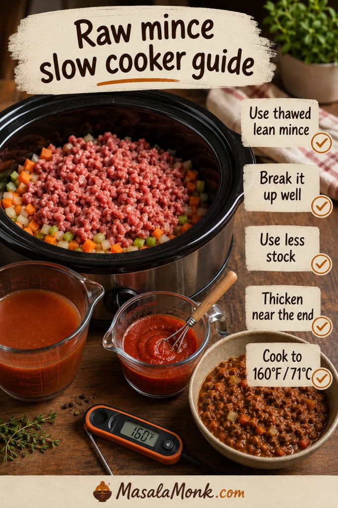 Raw mince slow cooker guide showing thawed beef mince, diced vegetables, reduced stock, tomato purée, thermometer, and cooked filling.