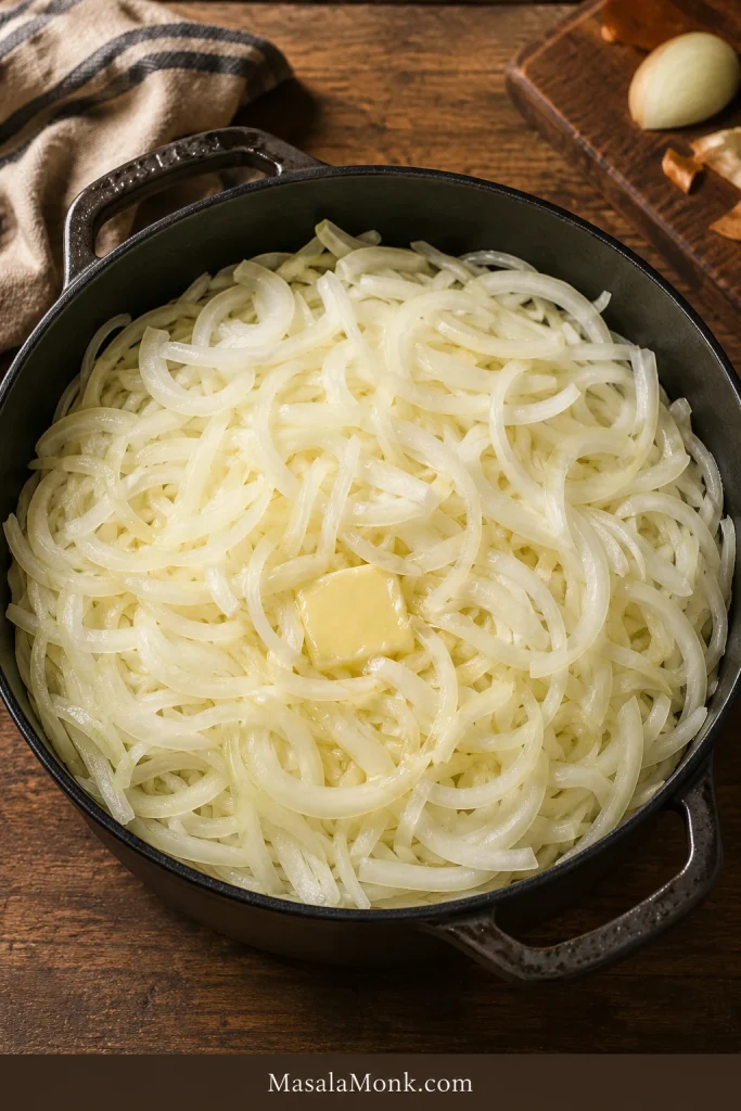 Thinly sliced yellow onions piled high in a Dutch oven before cooking French onion soup.