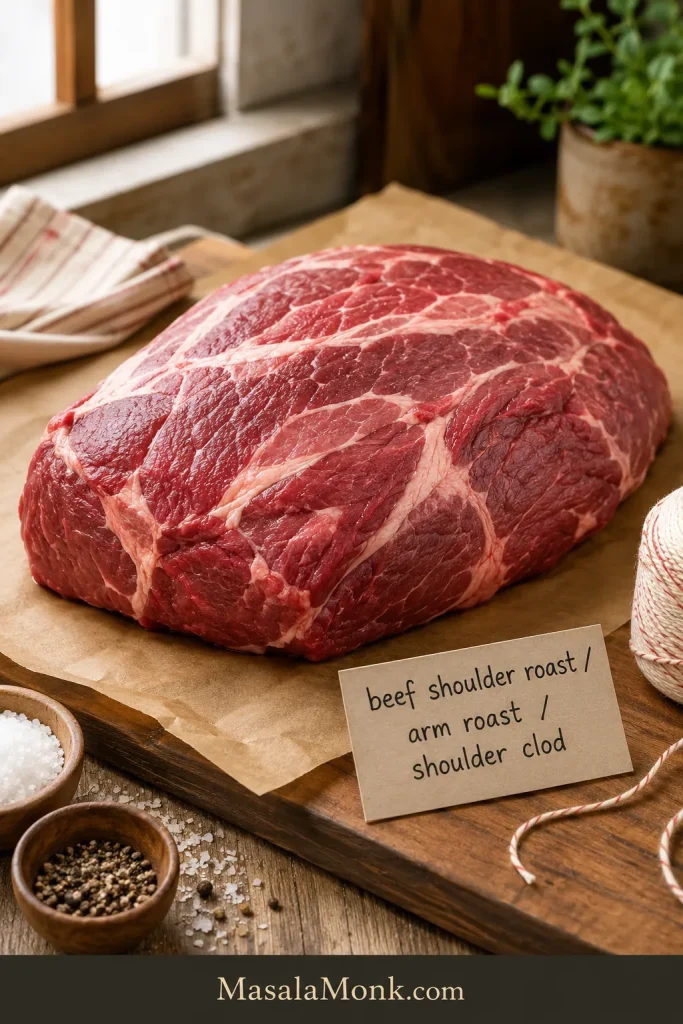 Raw thawed beef shoulder roast on butcher paper with a label card reading beef shoulder roast, arm roast, and shoulder clod.