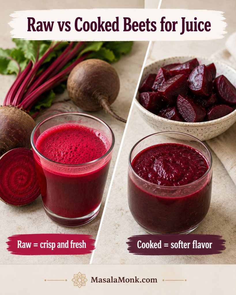 Comparison image showing raw beets with bright beet juice and cooked beets with a softer, thicker blended beet drink.