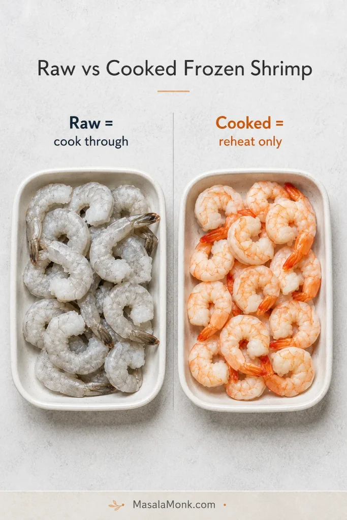 Split comparison showing grey frozen raw shrimp on one side and pink cooked frozen shrimp on the other side.