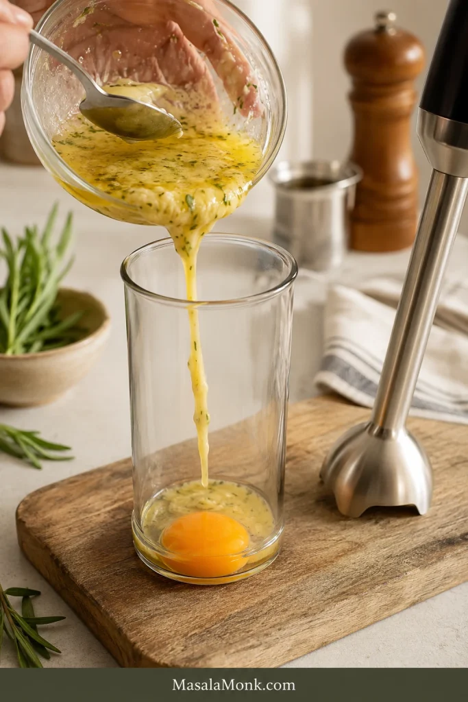 Broken béarnaise sauce being poured into a tall glass jar with egg yolk and an immersion blender nearby.