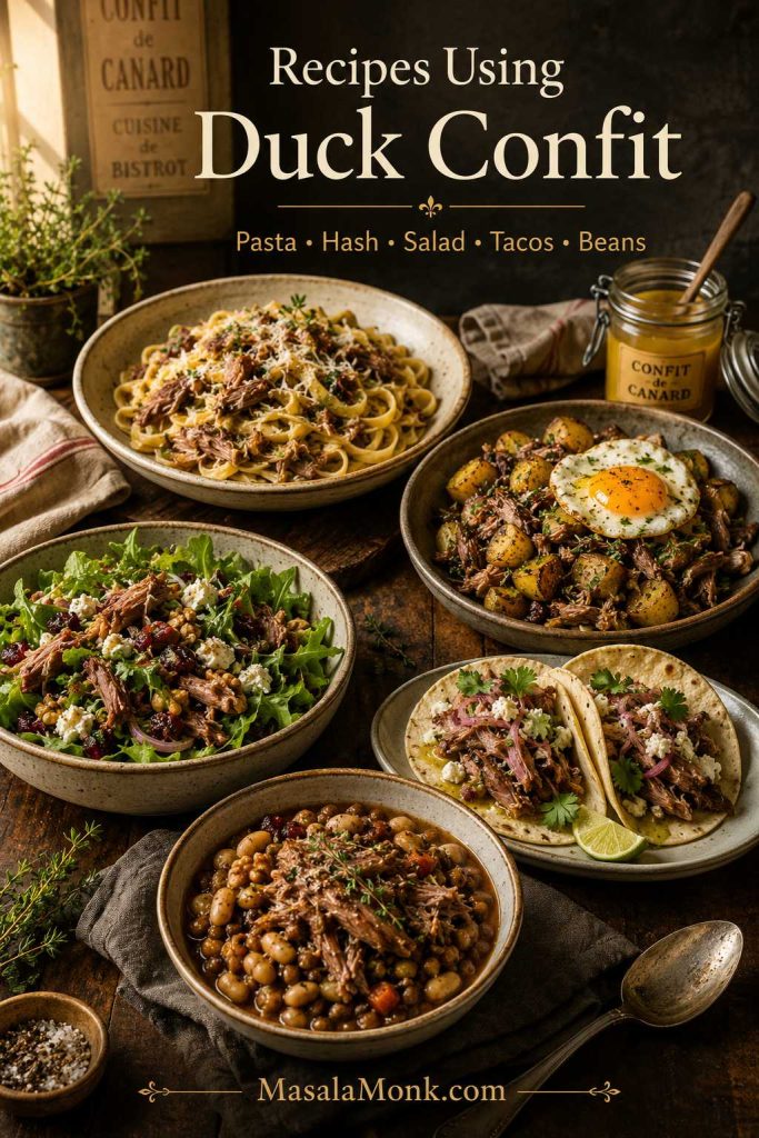 Leftover duck confit used in pasta, potato hash with egg, salad, tacos, and beans.