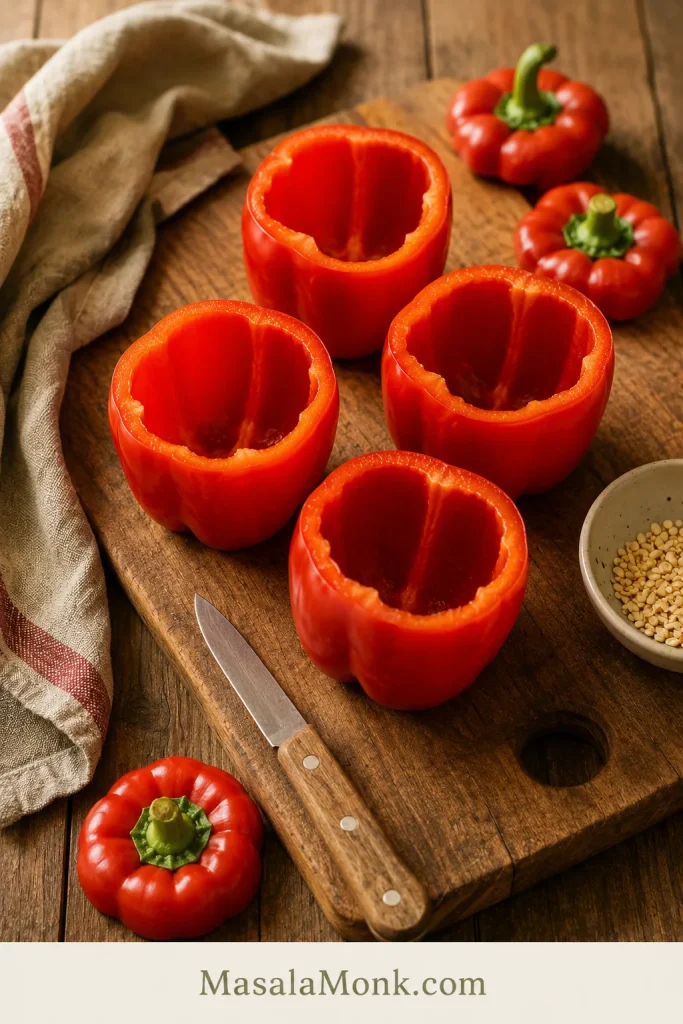 Hollowed red bell peppers standing upright on a wooden cutting board with pepper tops, seeds, and a knife nearby