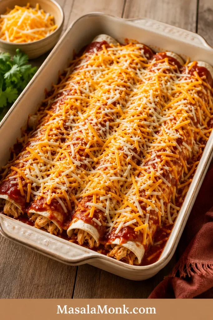 Rolled chicken enchiladas in a cream baking dish topped with red enchilada sauce and shredded cheese before baking.