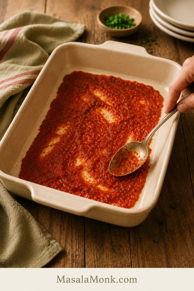 Shallow tomato sauce layer spread across the bottom of a cream baking dish for stuffed red peppers