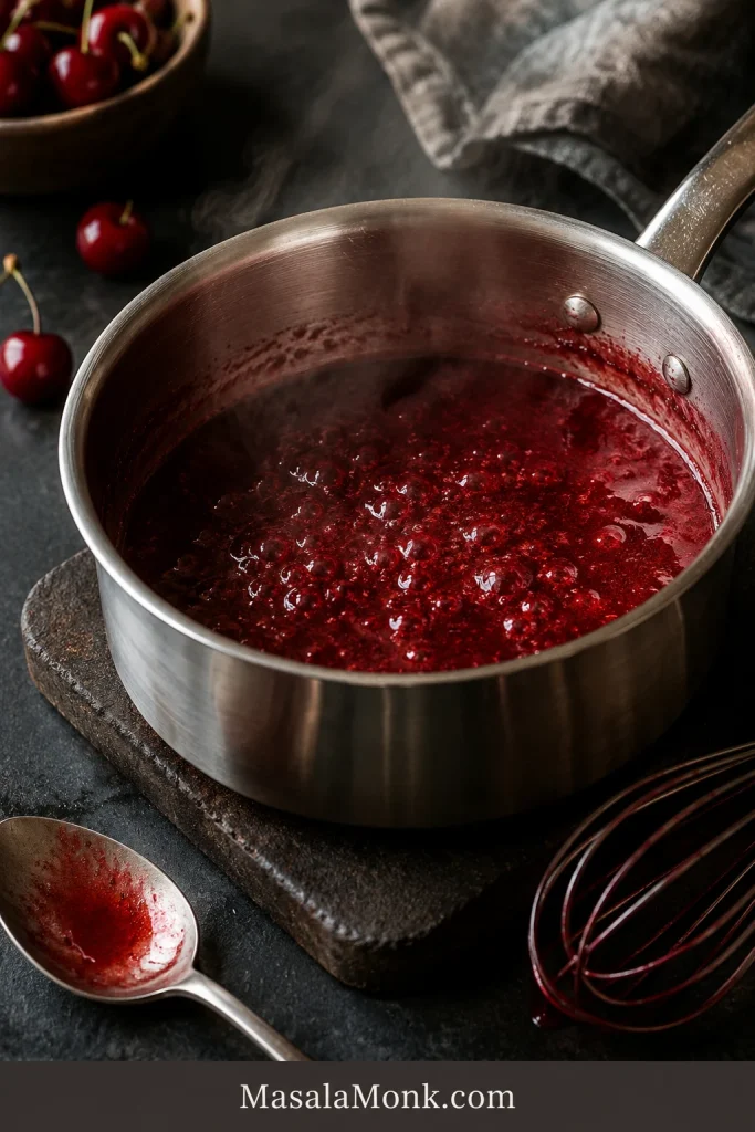 Ruby cherry juice simmering in a small saucepan with steam rising and a spoon resting nearby.