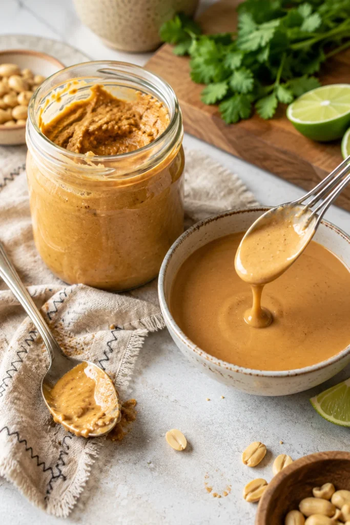 Glass jar of thick refrigerated peanut sauce beside a bowl of re-whisked pourable peanut sauce.