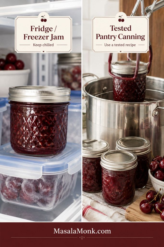 Split image showing cherry jam stored in a refrigerator on one side and jars processed in a water-bath canner on the other.