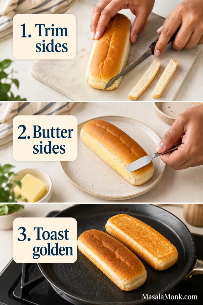 Three-step image showing a regular hot dog bun being trimmed on the sides, buttered, and toasted golden in a skillet.