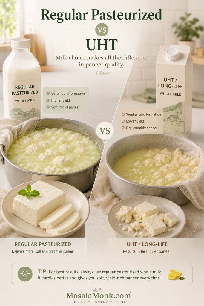 Regular pasteurized milk shown making clean paneer curds beside UHT milk shown with weaker curds.