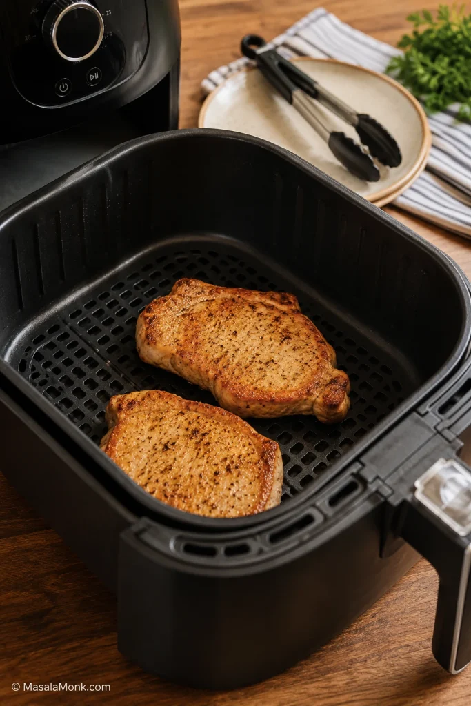 Cooked pork chops reheating in an air fryer basket with tongs on a plate nearby.