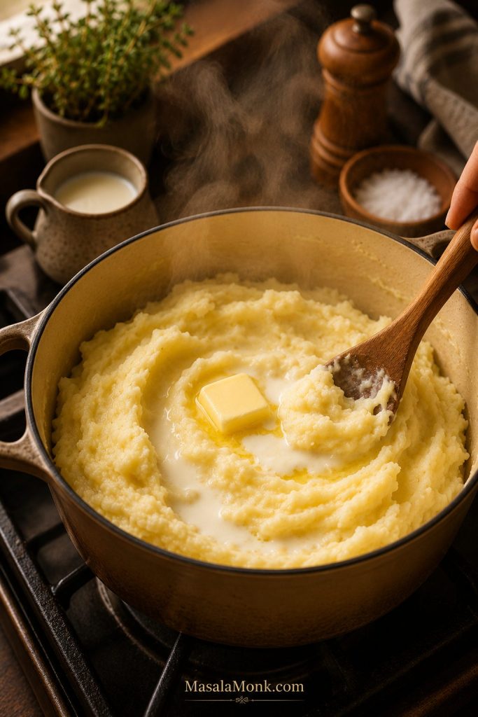 Mashed potatoes being reheated with melting butter, warm milk, steam, and a spoon folding through them.
