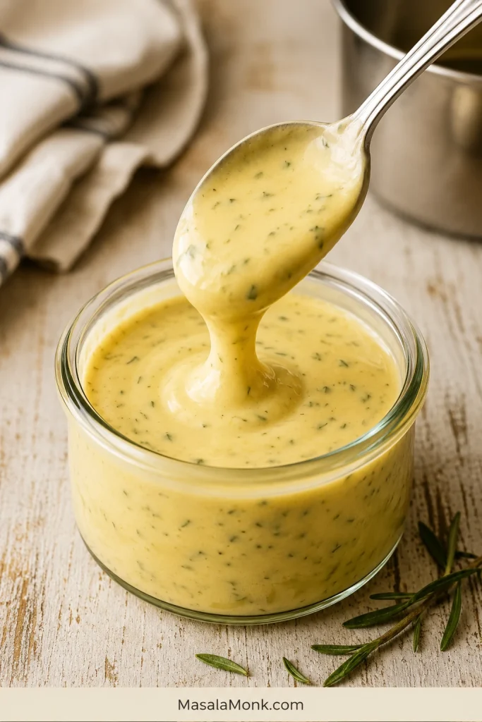 Smooth rescued béarnaise sauce in a glass jar with a spoon lifting glossy sauce.