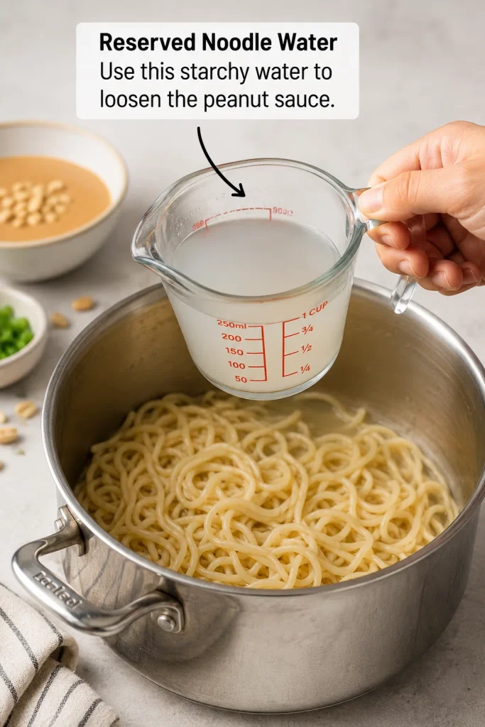 Cloudy noodle cooking water being scooped from a pot of noodles before draining