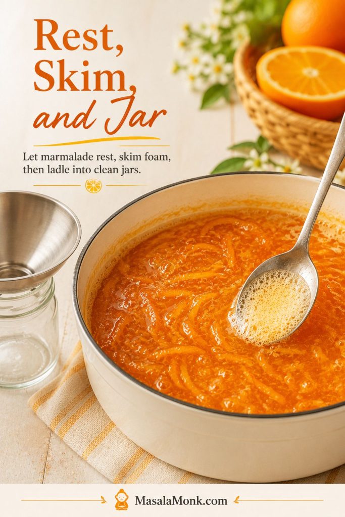 Spoon skimming foam from a pot of finished orange marmalade with a jar and funnel nearby for filling.