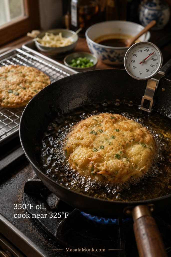 Restaurant-style Egg Foo Young patty puffing in hot oil with a thermometer clipped to a wok and a wire rack nearby.