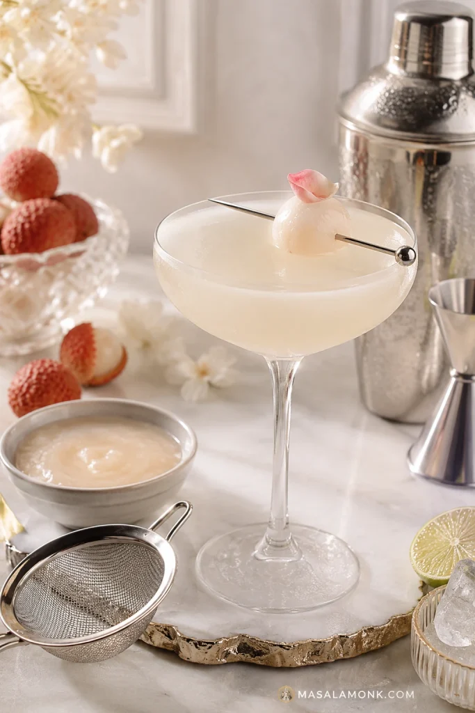 Pale lychee martini in a chilled coupe glass with lychee garnish, fine strainer, and small bowl of puree nearby.