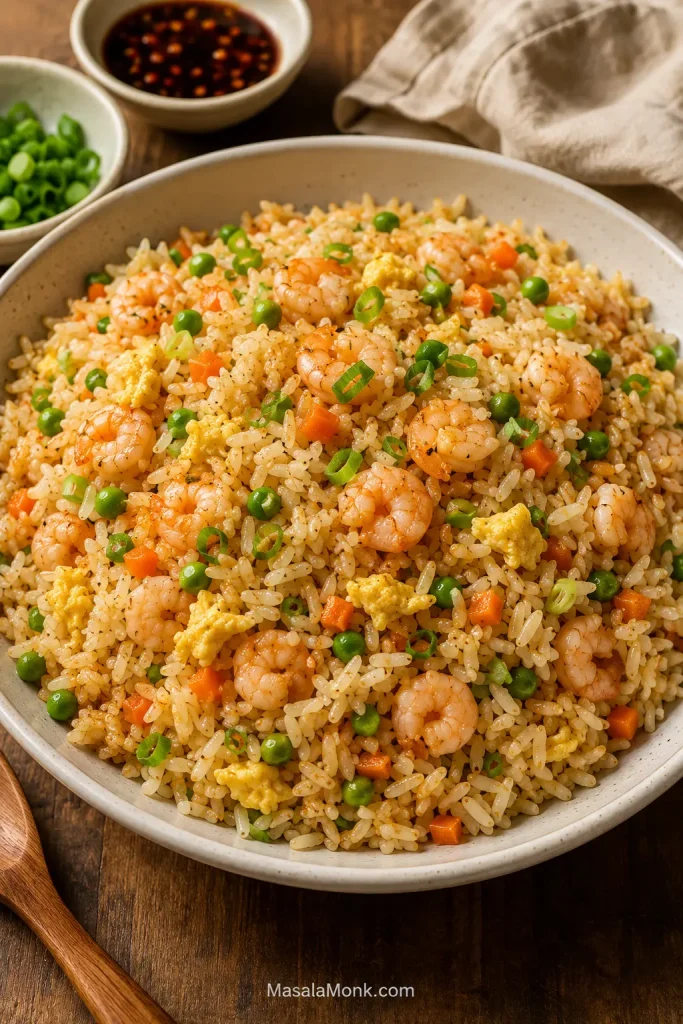 Restaurant-style shrimp fried rice in a bowl with small shrimp, egg, peas, carrots, scallions, and lightly glossy rice.