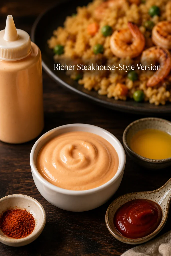 Rich pale pink-orange yum yum sauce with a squeeze bottle, tomato paste, melted butter, cayenne, and fried rice with shrimp in the background.