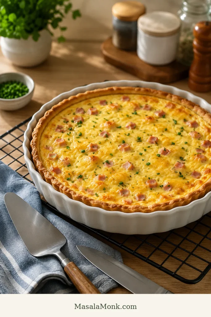 Whole baked ham and cheese quiche resting on a wire rack with a knife and pie server nearby.