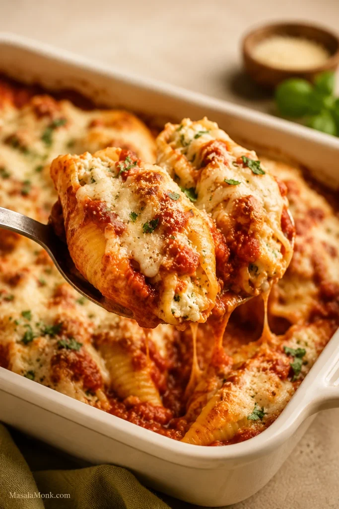Rested stuffed shells being lifted from a baking dish with sauce and melted cheese.