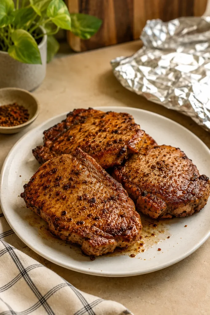 Cooked air fryer boneless pork chops resting on a plate before slicing.