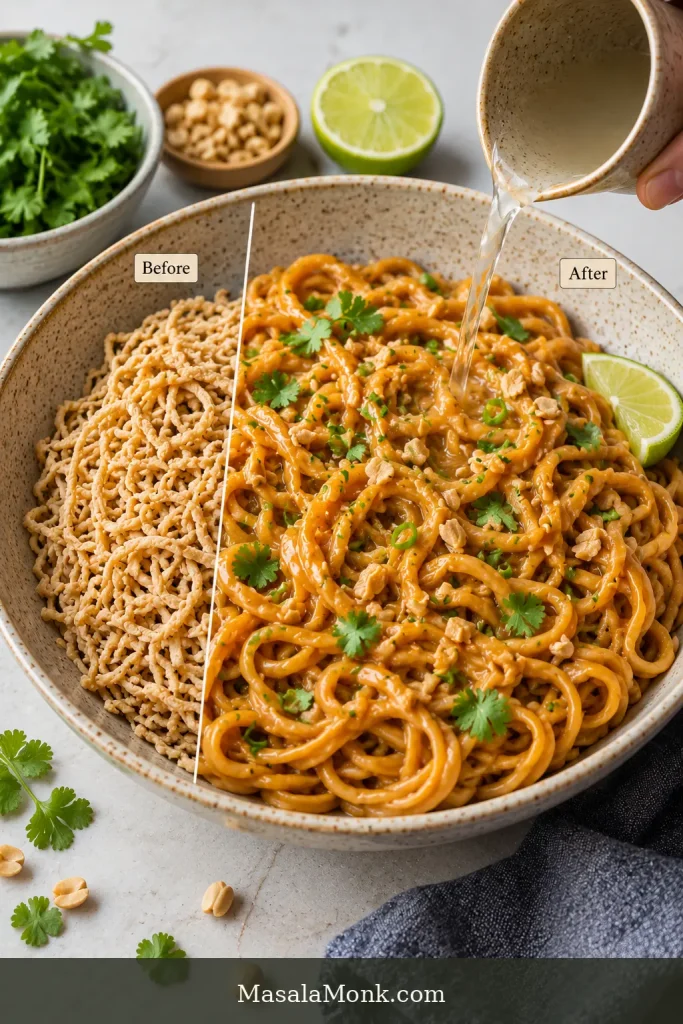 Before-and-after peanut noodles showing dry leftover noodles beside revived glossy noodles while liquid is poured in