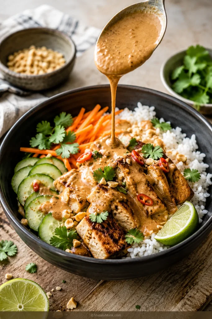 Rice bowl with tofu, vegetables, herbs, lime and peanut sauce being drizzled from a spoon.