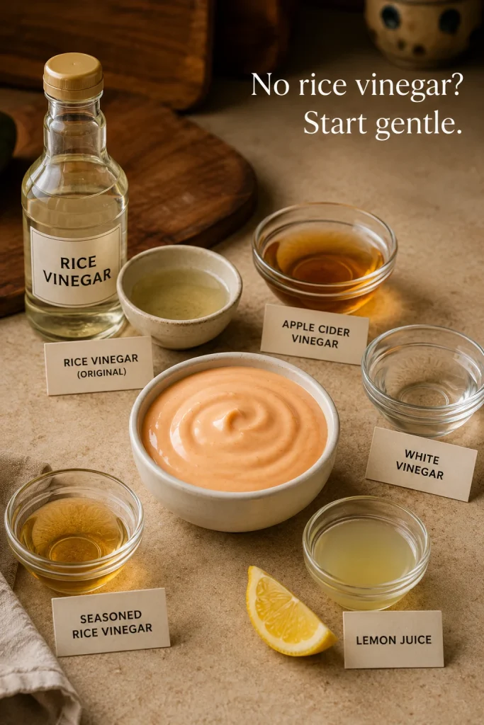A bowl of yum yum sauce surrounded by rice vinegar, apple cider vinegar, white vinegar, lemon juice, seasoned rice vinegar, lemon wedges, and small labeled cards.