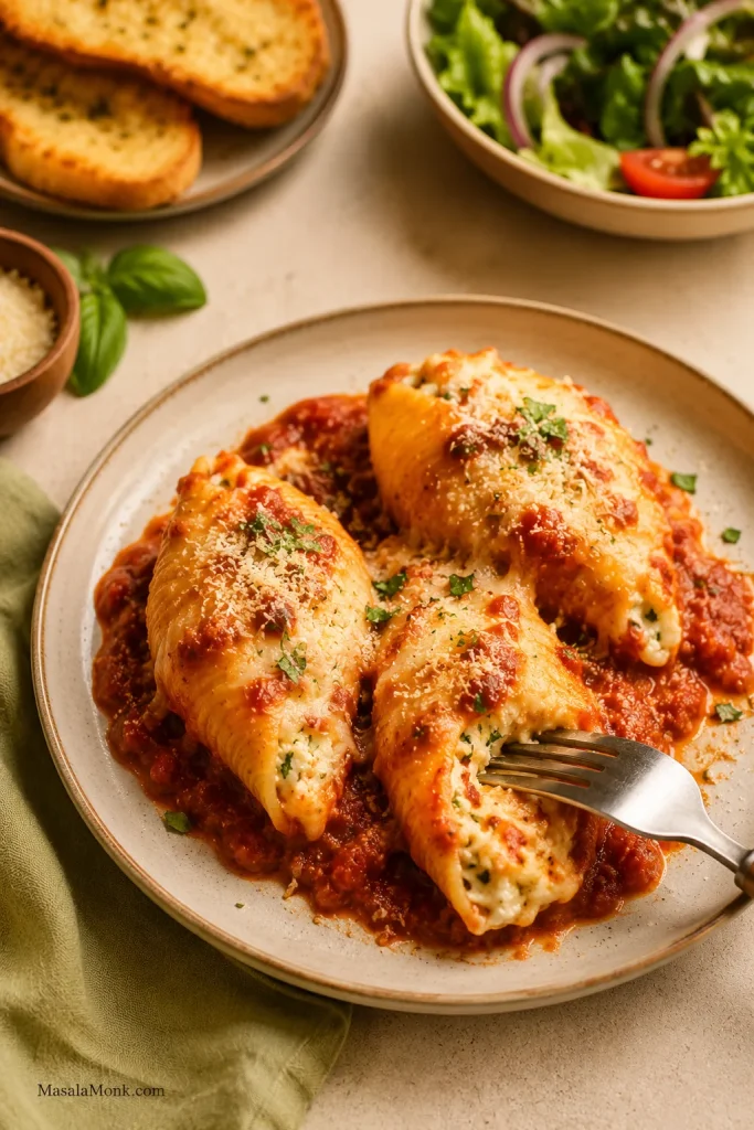 A plate of ricotta stuffed shells with marinara sauce, parmesan, herbs, and a fork.