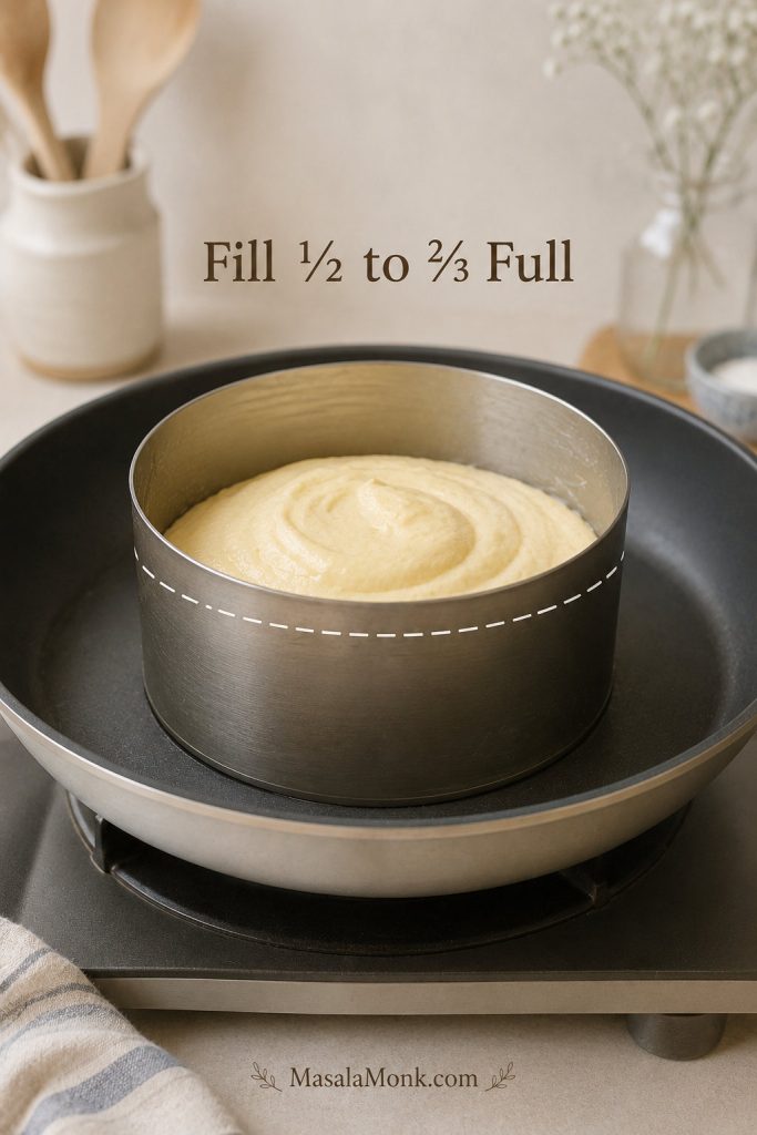 Japanese pancake batter inside a metal ring mold in a pan with a fill-height guide line.